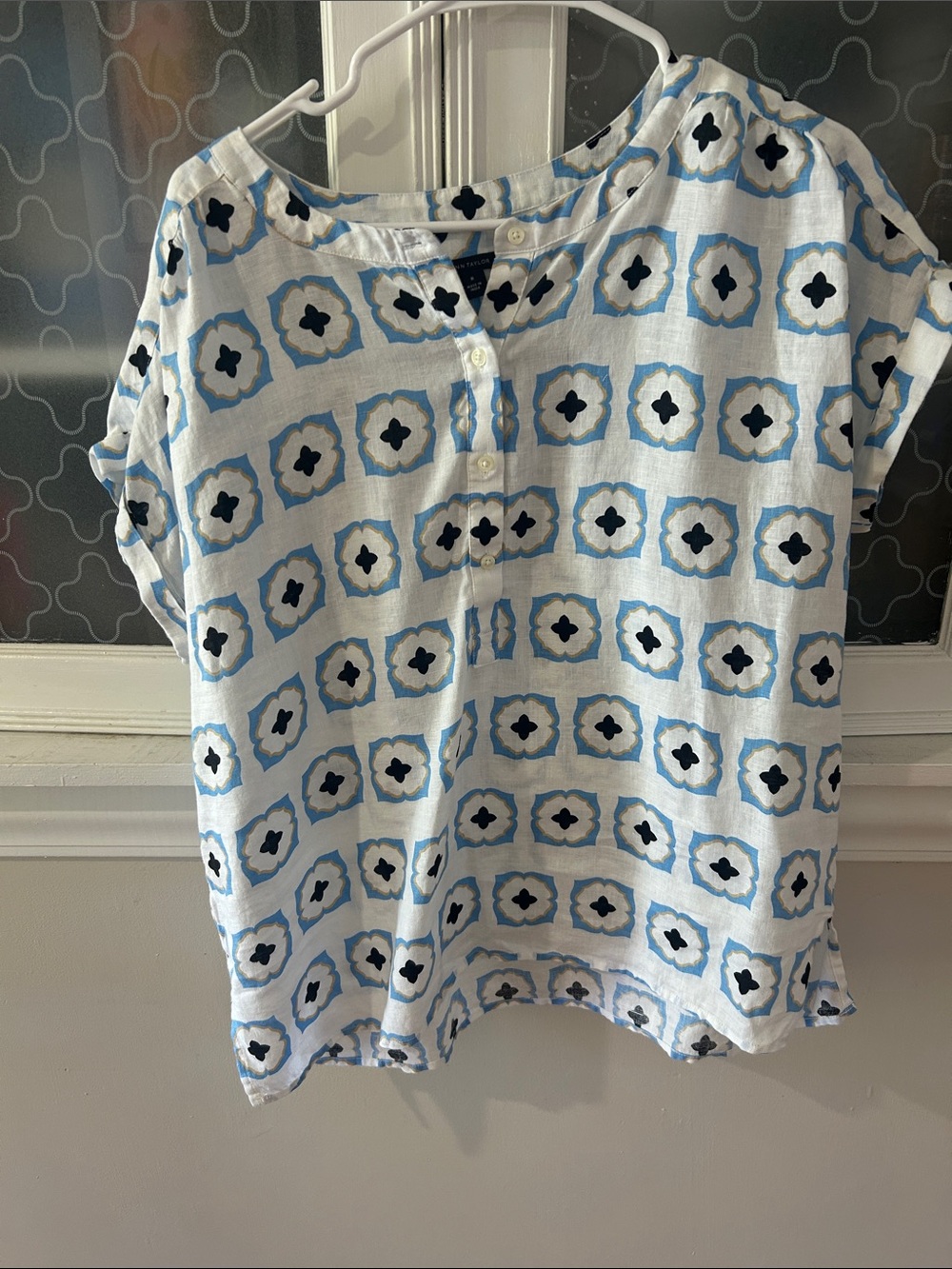 Ann Taylor White  Top with Blue and Black Geometric Print